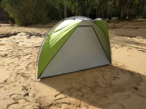 A Coleman Beach Shade fully set up, on a sandy beach, with the front door zipped shut.