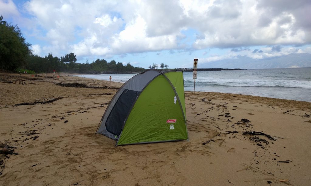 A Coleman beach tent that is featured in the beach shade comparison, set up facing the ocean on a sandy beach, with the ocean and greenery visible in the background.